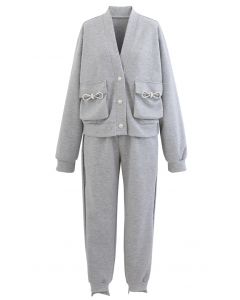 Pockets Button Up Cardigan and Crop Joggers Set in Grey