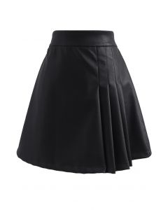 Faux Leather Pleated Detail Mini Skirt in Black