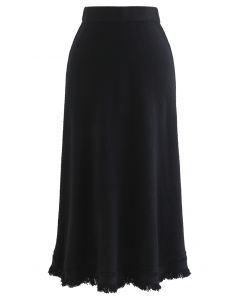 Fringed Hem A-Line Midi Knit Skirt in Black