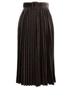 Belted Velvet Full Pleated Midi Skirt in Brown