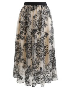 Sequined Flower Embroidered Mesh Midi Skirt