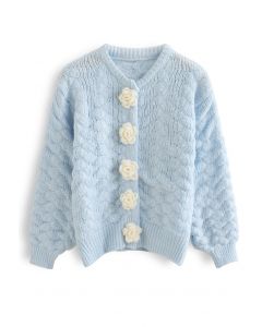Flowers Button Down Embossed Bubble Sleeves Cardigan in Blue
