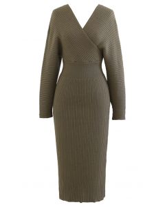 Long Sleeve Wrapped Bodycon Knit Midi Dress in Army Green