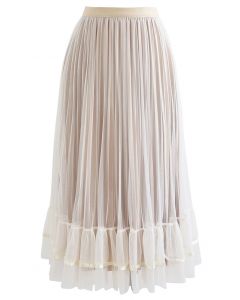 Tiered Ruffle Hem Mesh Velvet Skirt in Ivory