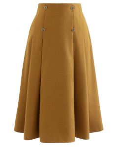 Rose Button High Waist Pleated Skirt in Ginger