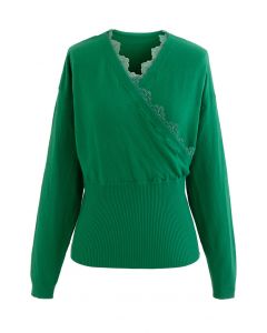 Lacy Edge Wrap Knit Top in Green
