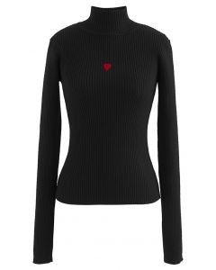 Little Heart High Neck Fitted Knit Top in Black