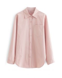 Button Down Dolphin Hem Cotton Shirt in Pink