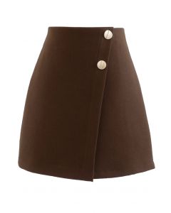 Double Buttons Flap Wool-Blend Mini Skirt in Brown