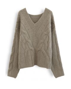 Hollow Out V-Neck Chunky Knit Sweater in Taupe