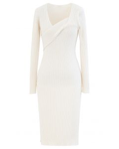 Surplice Wrap Front Ribbed Knit Dress in White