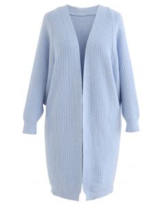 Batwing Ribbed Knit Longline Cardigan in Baby Blue
