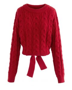 Tie-Knot Back Cable Knit Crop Sweater in Red