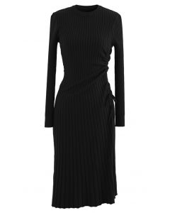 Side Drawstring Ribbed Knit Midi Dress in Black