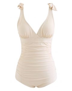 Lace-Up Back Ruched Swimsuit in Cream