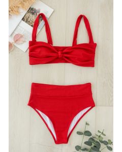 Twisted Knot Front Ribbed Bikini Set in Red