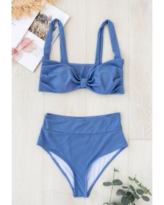 Twisted Knot Front Ribbed Bikini Set in Blue