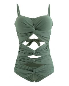 Crisscross Cutout Tie Back Swimsuit in Army Green