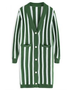 Striped Button Down Longline Cardigan in Green