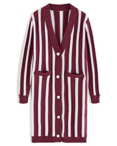 Striped Button Down Longline Cardigan in Berry