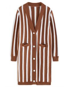 Striped Button Down Longline Cardigan in Caramel