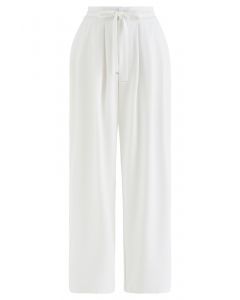 Pleated Detail Drawstring Waist Wide-Leg Pants in White