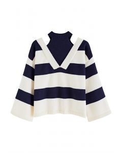 Fake Two-Piece Cold-Shoulder Striped Sweater in Navy