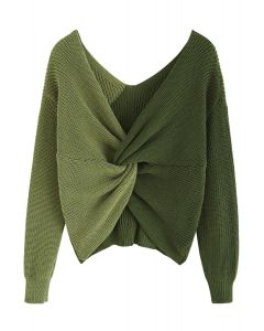 V-Neck Twist Front Two-Tone Sweater in Army Green