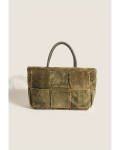 Check Texture Faux Lambswool Handbag in Moss Green