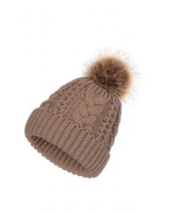 Pom-Pom Trim Braided Knit Beanie Hat in Brown