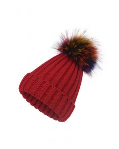 Colorful Pom-Pom Trim Beanie Hat in Red