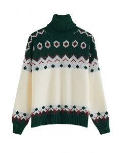 Turtleneck Color Block Mosaic Knit Sweater in Green