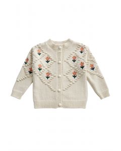 Kid's Floral Dotted Diamond Knit Cardigan in Ivory