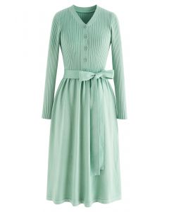 V-Neck Bowknot Waist Buttoned Knit Dress in Mint