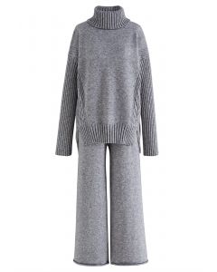 Turtleneck Hi-Lo Sweater and Knit Pants Set in Grey
