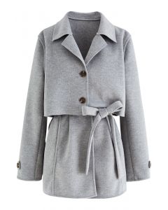 Wool-Blend Crop Blazer and Belted Vest Set in Grey