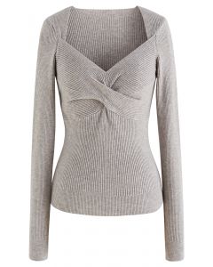 Sweetheart Twist Front Ribbed Knit Top in Linen