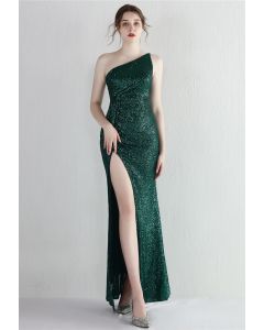 One Shoulder Sequins High Slit Gown in Emerald