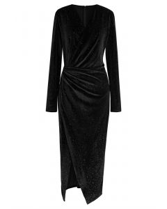 Glint Sequin Velvet Wrap Midi Dress in Black