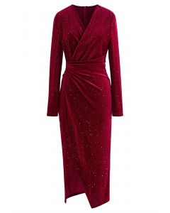 Glint Sequin Velvet Wrap Midi Dress in Burgundy