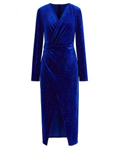 Glint Sequin Velvet Wrap Midi Dress in Blue