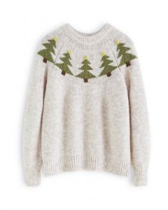Pom-Pom Christmas Tree Chunky Knit Sweater in Ivory