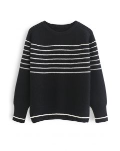 Simple Horizontal Stripe Rib Knit Sweater in Black