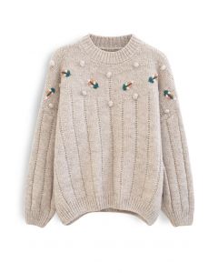 Colorful Posy Pom-Pom Fuzzy Sweater in Linen