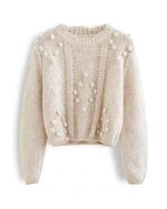 Pom-Pom Diamond Fuzzy Cropped Sweater in Linen