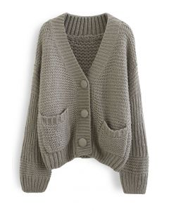 Exaggerated Button Chunky Knit Cardigan in Taupe