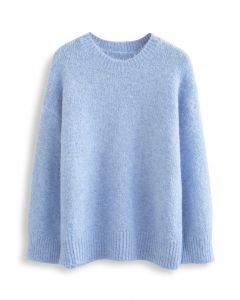 Solid Color Comfy Fuzzy Knit Sweater in Blue