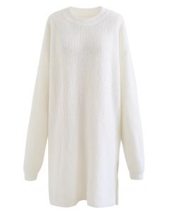 Crew Neck Rib Knit Sweater Dress in White