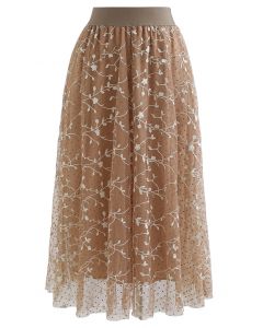 Embroidered Vine Flock Dots Mesh Midi Skirt in Caramel