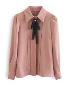 Bowknot Necklace Stitched Shirt in Pink